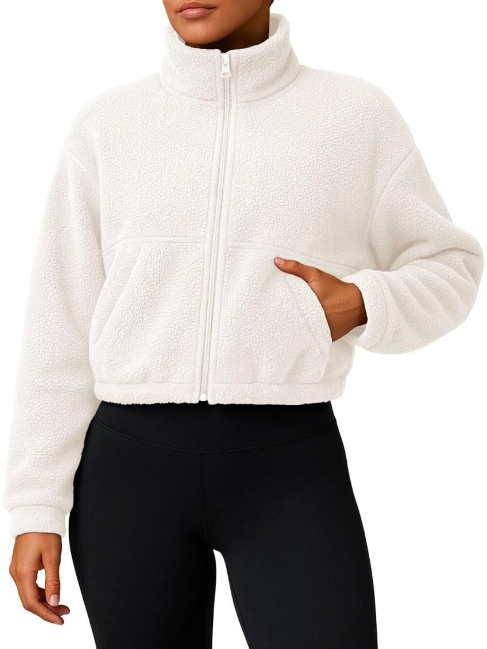 Women’s Off White Cropped Full ZIP Cozy Warm Casual Coat Sherpa Fleece Jacket